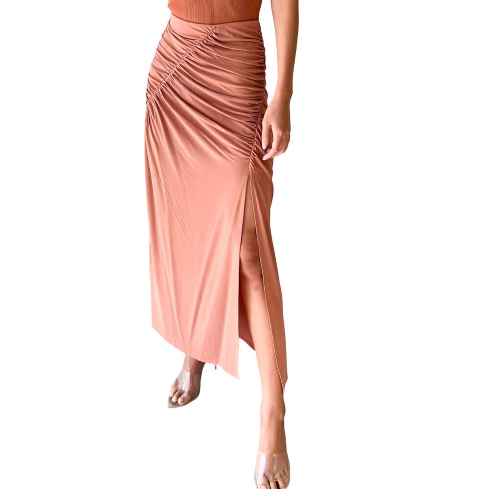 A.L.C. EUC Dawson Ruched Midi Skirt Peach Coral Side Slit Asymmetric Sz M